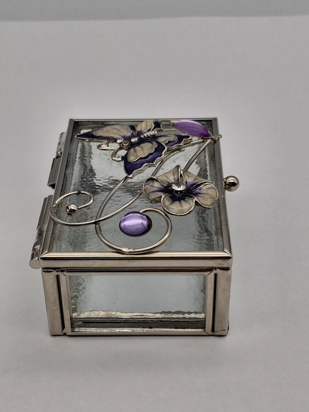 Glass Jewelry Box with Purple Butterfly and Flower Accent